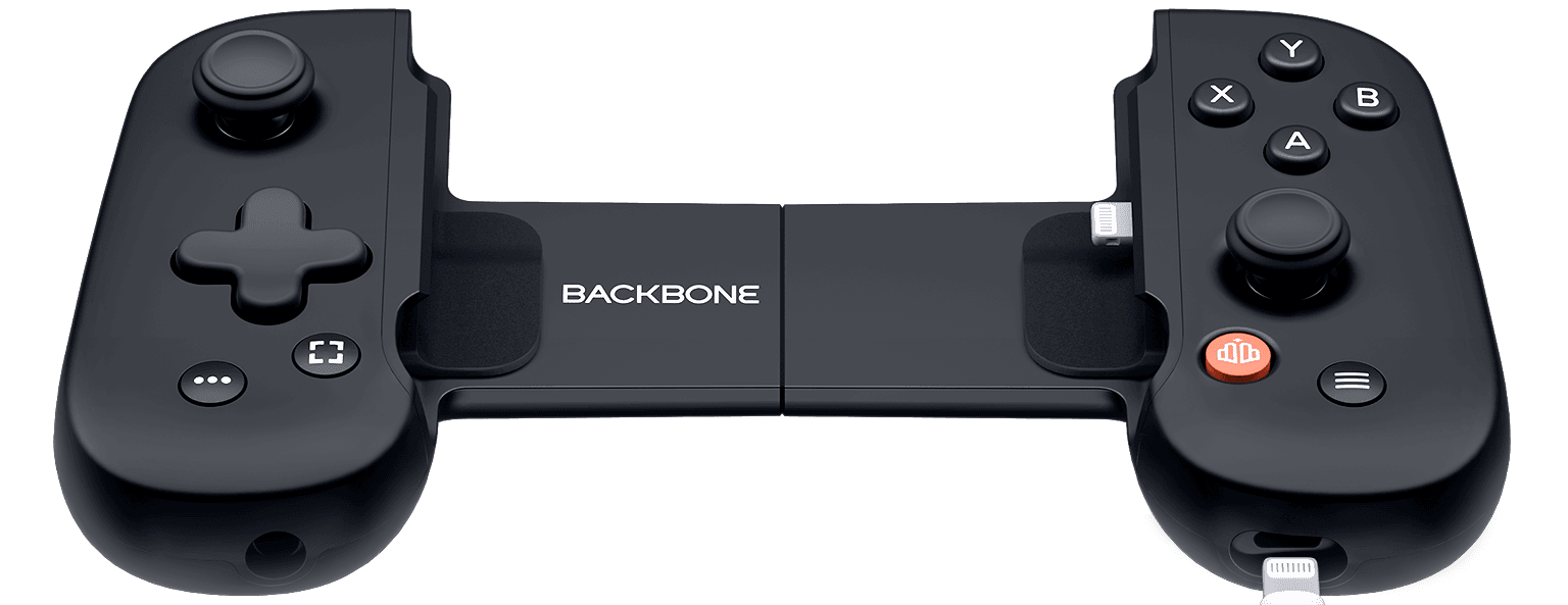 Backbone One controller left side with clicky thumbstick, d-pad, record button, menu button, and headphone jack